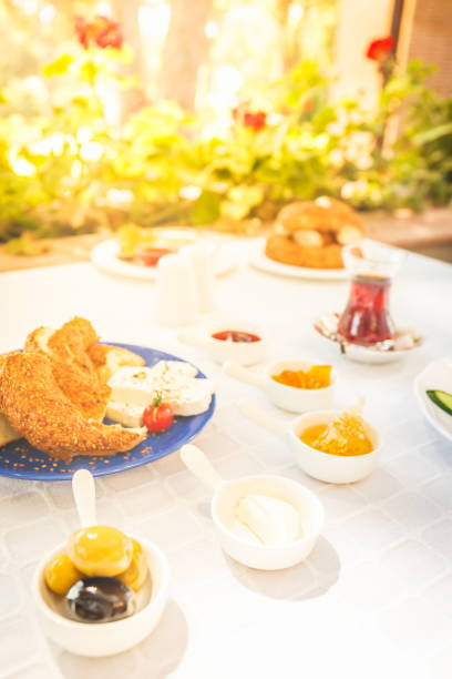 istock Turkish tea, Cheese, Honey, Jam,  Olives, Simit. Authentic turkish breakfast. Local cuisine concept 1060936234