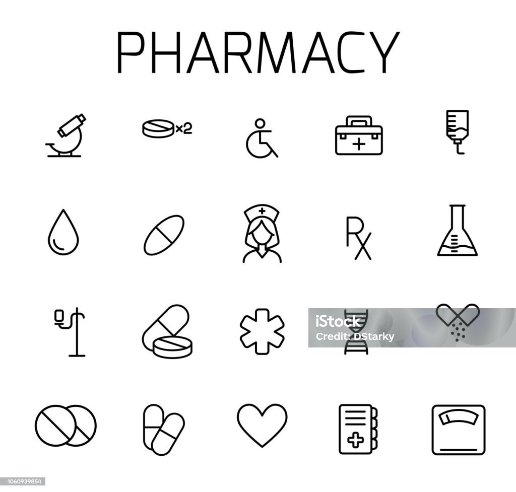 Pharmacy related vector icon set. Pharmacy related vector icon set. Well-crafted sign in thin line style with editable stroke. Vector symbols isolated on a white background. Simple pictograms. Ambulance stock vector