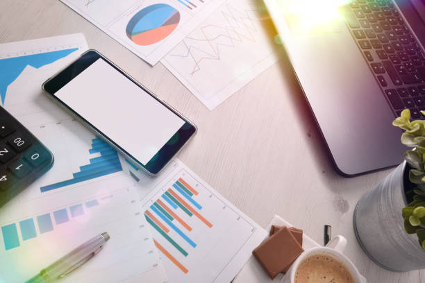 istock Mobile phone on in a business office on a table 1060939890