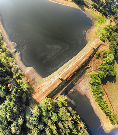 Aerial view of the dam between two ponds in the Harz Mountains