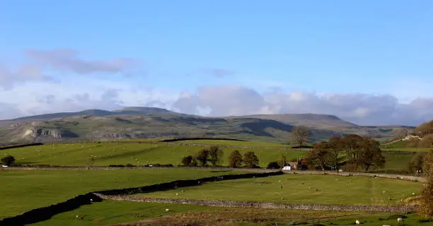 View across the green undulations of the Yorkshire Dales National Park looking towards the imposing mountains of Ingleborough and Whernside, Yorkshires highest peak.