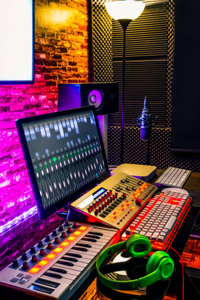 istock recording, broadcasting, sound editing, post production equipment in studio 1060956696
