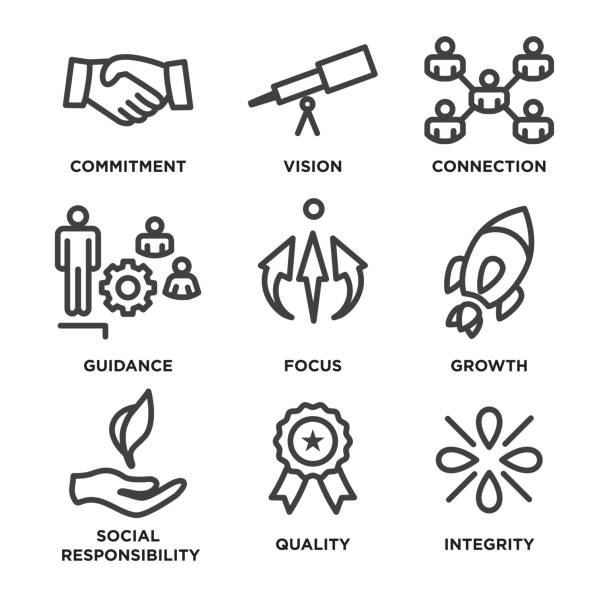 ilustrações de stock, clip art, desenhos animados e ícones de core values outline / line icon conveying integrity - purpose - dedication