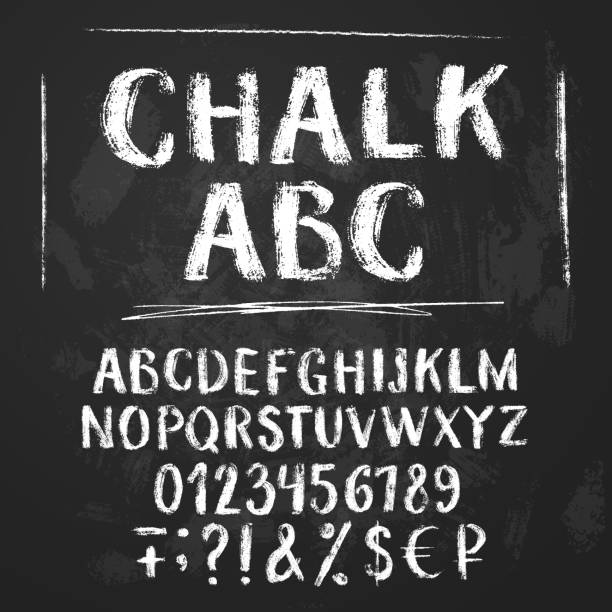 Rough chalk latin alphabet Rough chalk latin alphabet on textured chalkboard background. Uppercase letters, numbers, sumbols, money signs. chalk drawing stock illustrations