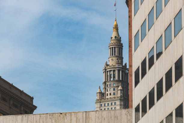 Architecture of the skyline in Cleveland, Ohio, featuring Terminal Tower in the background. Plenty of copy space.