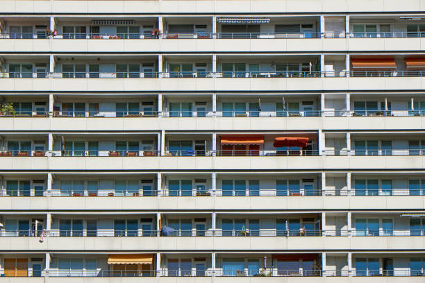 facade of a prefabricated public housing building - sunblinds imagens e fotografias de stock