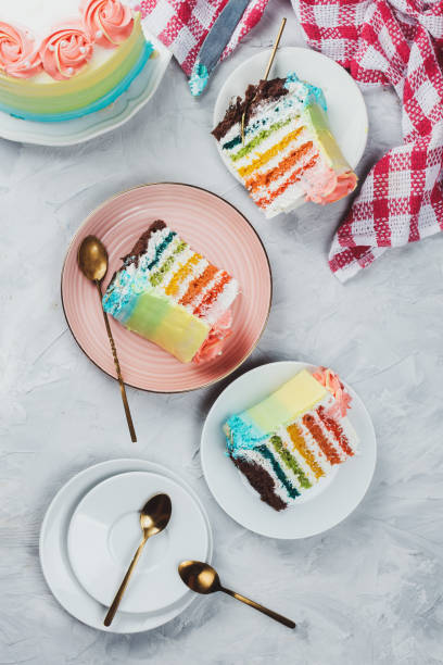 istock Flat lay of rainbow vegan cake pieces on grey background 1060972546