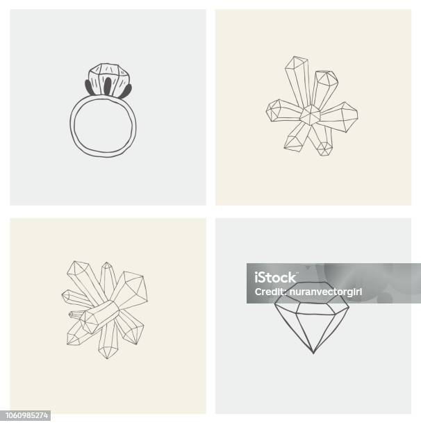 Set With Crystal Ring Mineral Diamond For Print Stock Illustration - Download Image Now - Art, Beauty, Cartoon