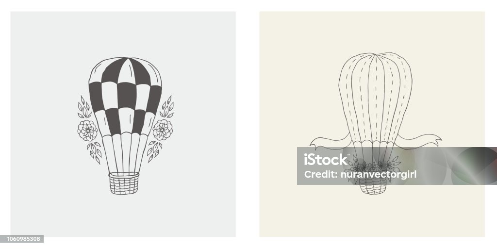 Set with balloon decorated with flowers for print. Set with hot balloon decorated with flowers for print. Concept collection hand drawn design elements, symbols, icons with air transport, bouquet. Adventure stock vector