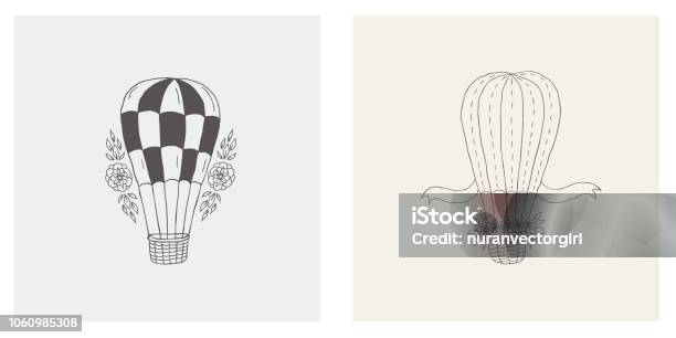 Set With Balloon Decorated With Flowers For Print Stock Illustration - Download Image Now - Adventure, Art, Balloon