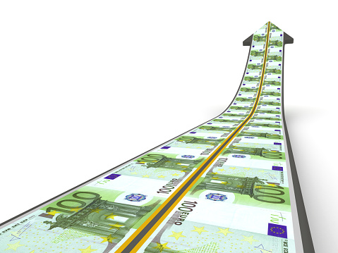 Arrow Road with Euro Bills - White Background - 3D Rendering