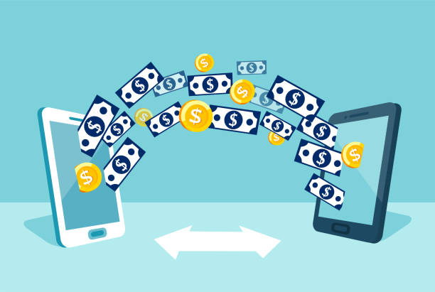 istock Vector of dollars money currency send from one smartphone to another. 1060986104