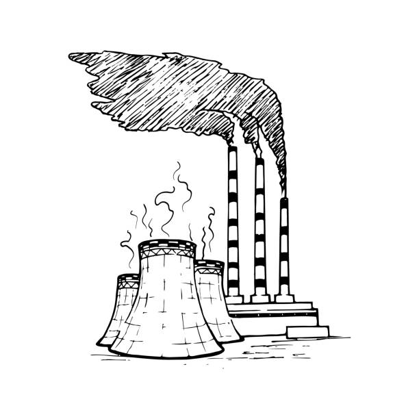 illustrazioni stock, clip art, cartoni animati e icone di tendenza di una centrale a combustibili fossili come esempio di tecnologia inefficiente e dannosa per l'ambiente. - gasoline factory station chimney