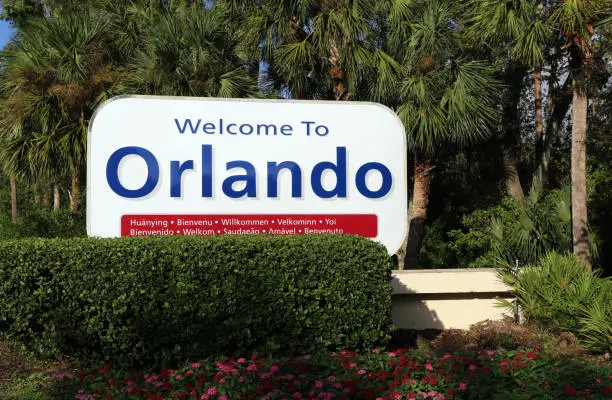 A welcome sign near the Orlando International Airport.