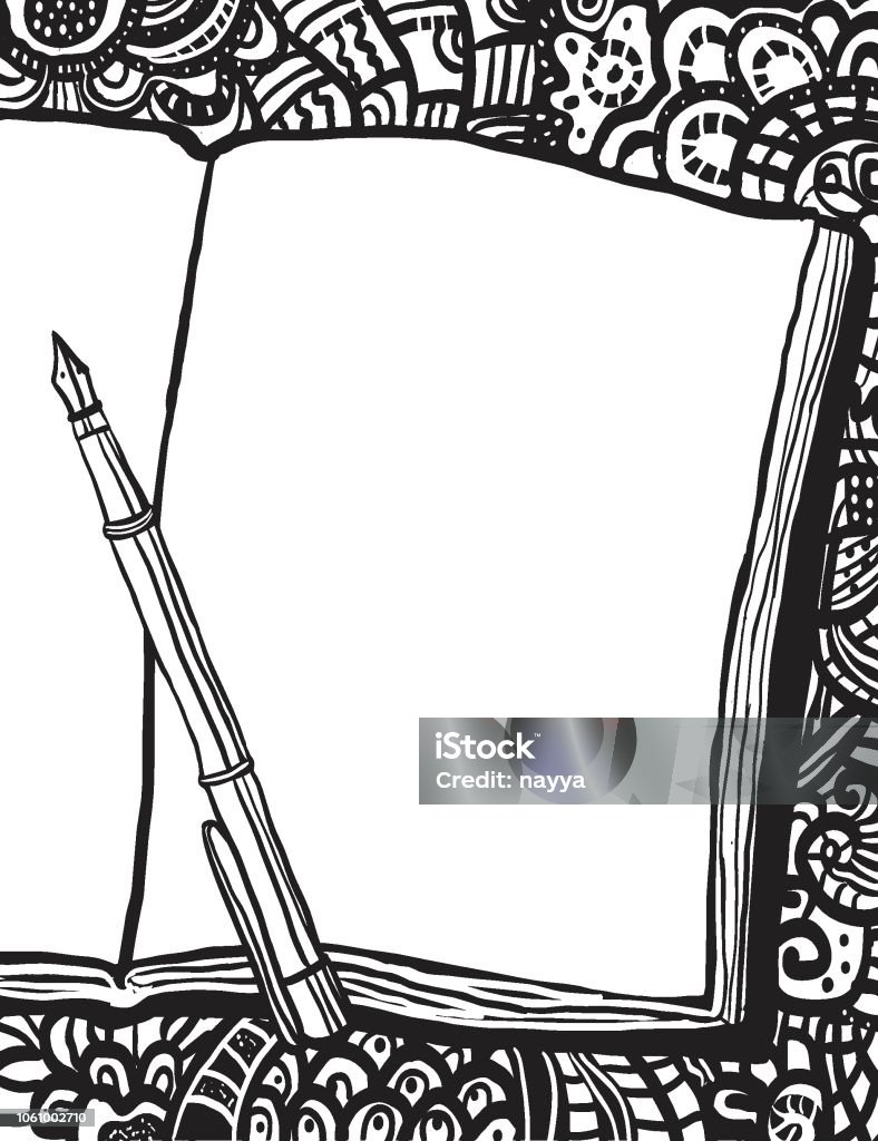 Coloring page with notebook, pen and doodle bg Coloring page with notebook, pen and doodle background. Hand drawn illustration with place for drawing or text Abstract stock vector