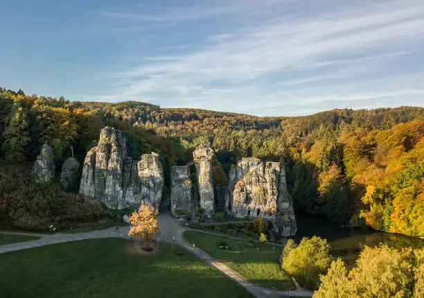 Externsteine rock formation, also called German Stonehenge, in the Teutoburg Forest, Germany