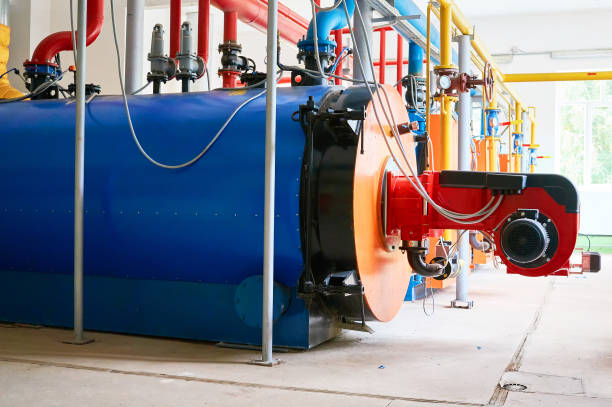 istock Large blue water boilers with a red-colored gas burner. 1061004722