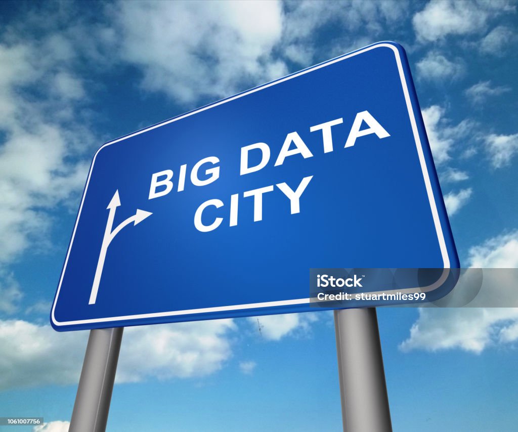 Big Data City Road Sign 3d Illustration Big Data City Road Sign 3d Illustration Shows Suburban Bigdata Infrastructure Development Or Smartcity Architecture Stock Photo