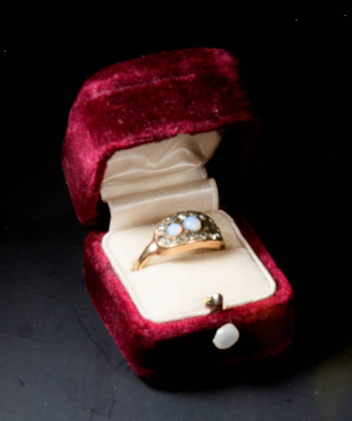 istock Red vintage jewelry box with antique ring 1061009800