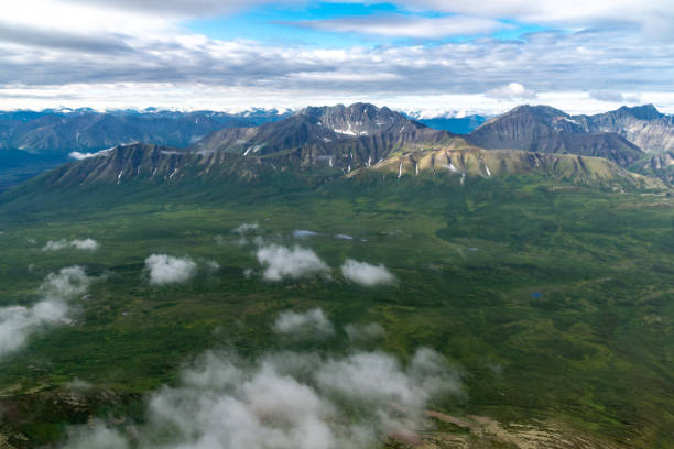 Beautiful aerial view of the vast wilderness and mountains of Wrangell St Elias National Park in Alaska Beautiful aerial view of the vast wilderness and mountains of Wrangell St Elias National Park in Alaska prince william sound photos stock pictures, royalty-free photos & images