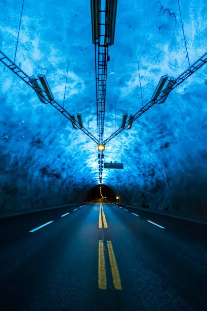 Photo of Famous Laerdal Tunnel Blue Lights in Norway. Longest Road Tunnel in the World - 15 Miles connecting Lærdal and Aurland in Sogn og Fjordane near Bergen