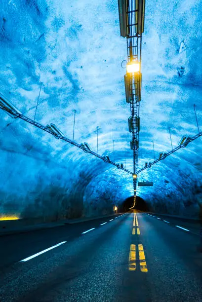 Photo of Famous Laerdal Tunnel Blue Lights in Norway. Longest Road Tunnel in the World - 15 Miles connecting Lærdal and Aurland in Sogn og Fjordane near Bergen