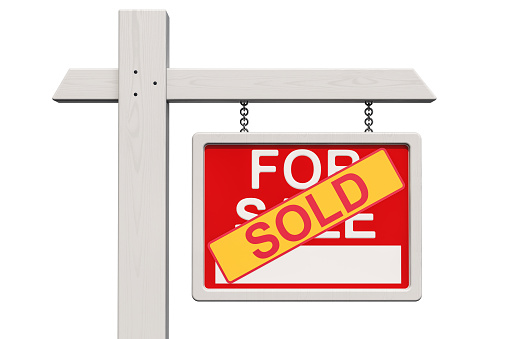 For Sale Real Estate Sign with Sold sticker, 3D rendering isolated on white background