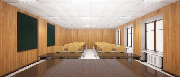 istock wooden classroom interior with teacher front desk 1061013316