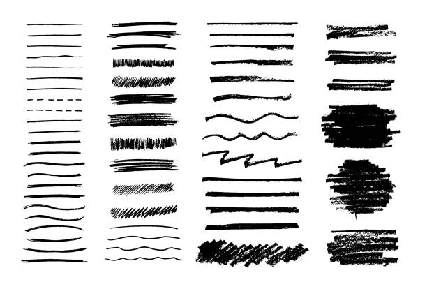 벡터 지저분한 흑연 연필 아트 브러시의 집합입니다. 다른 모양의 연필 텍스처. 쉬운 편집 색상 및 모든 경로에 적용, 쓰기 및 그리기. - 라인아트 stock illustrations