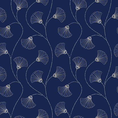 Cream Hand-Drawn Abstract Floral Vector Seamless Pattern on Indigo Background. Art Nouveau Blooms. Abstract Elegant Fan Flowers Texture. Perfect for textiles, wedding invitations.