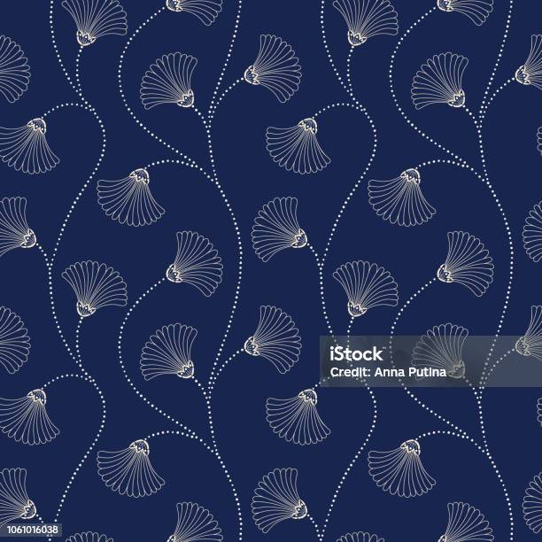 Cream Handdrawn Abstract Floral Vector Seamless Pattern On Indigo Background Art Deco Blooms Abstract Fan Flowers Stock Illustration - Download Image Now