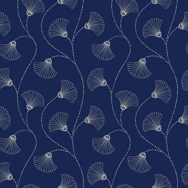 Vector illustration of Cream Hand-Drawn Abstract Floral Vector Seamless Pattern on Indigo Background. Art Deco Blooms. Abstract Fan Flowers