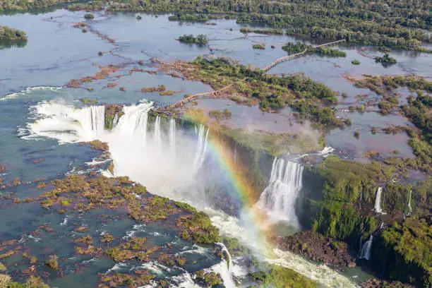 Aerial bird's-eye view of beautiful rainbow above Iguazu Falls Devil's Throat chasm from a helicopter flight. Brazil and Argentina. Tourists are enjoying the waterfalls at causeways.
