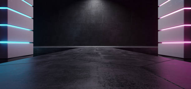 istock Futuristic Sci Fi Modern Alien Ship Dark Empty Grunge Concrete Room With Reflective Water Waves And Blue And Purple Glowing Neon Lights Background 3D Rendering 1061019666