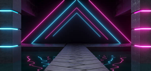 istock Modern Futuristic Dark Empty Alien Ship Concrete Room With Water Inside And Hexagonal Floor With Triangle Shaped Purple And Blue Neon Glowing Lights Background 3D Rendering 1061019730