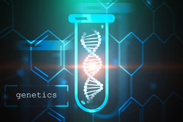 istock Blue dna in test tube, atom grid, genetics, green 1061024386