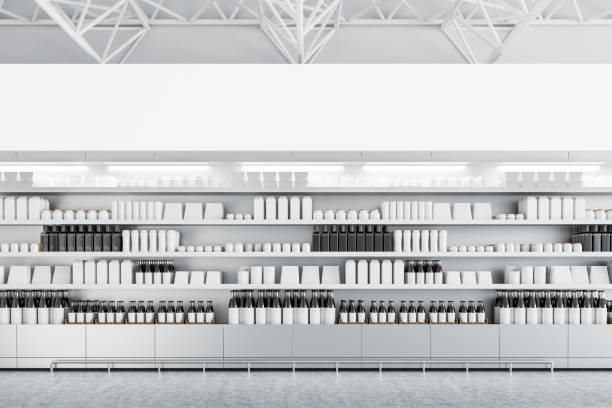 istock Supermarket shelves with mock up bottles and boxes 1061024630