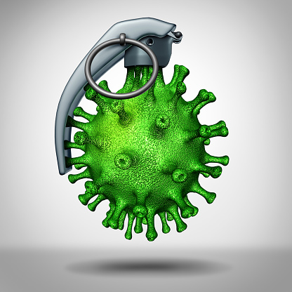 Virus bomb medical threat as a dangerous disease pathogen shapred as a hand grenade as an icon for the biological warfare and dangers of viral infection risk as a 3D illustration.