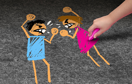 Concept of domestic violence as a child drawing a fight between an arguing mother and father as family abuse or abusive home in a dysfunctional relationship in a 3D illustration style.