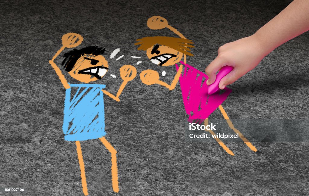 Domestic Violence Concept of domestic violence as a child drawing a fight between an arguing mother and father as family abuse or abusive home in a dysfunctional relationship in a 3D illustration style. Arguing Stock Photo