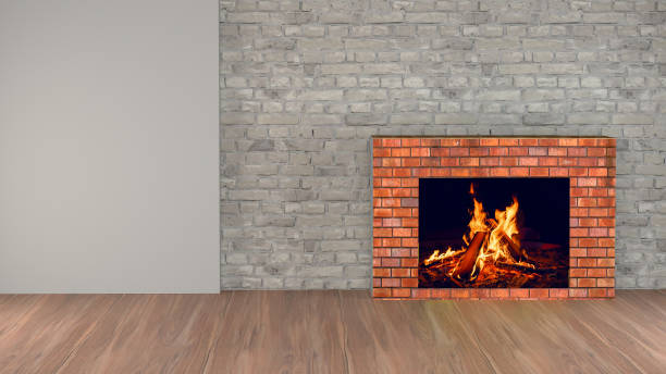 istock 3d rendering image of living room with fireplace 1061027432