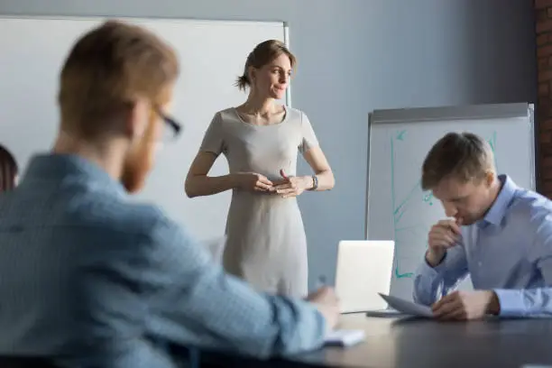 Photo of Stressed business woman feeling nervous thinking of problem at meeting