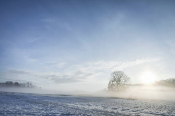 wschód słońca i mgła nad zimową przyrodą - winter lake snow fog zdjęcia i obrazy z banku zdjęć