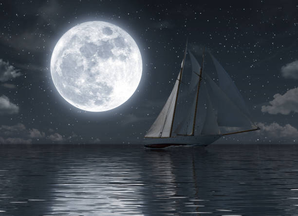istock Sailboat on the sea at night with full moon 1061033158