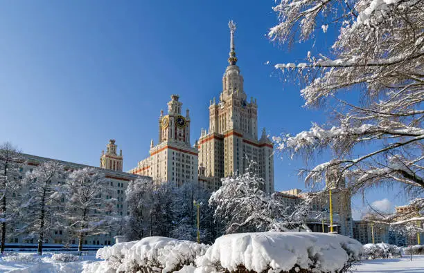 View of the main building of Moscow State University. Sunny day in February.