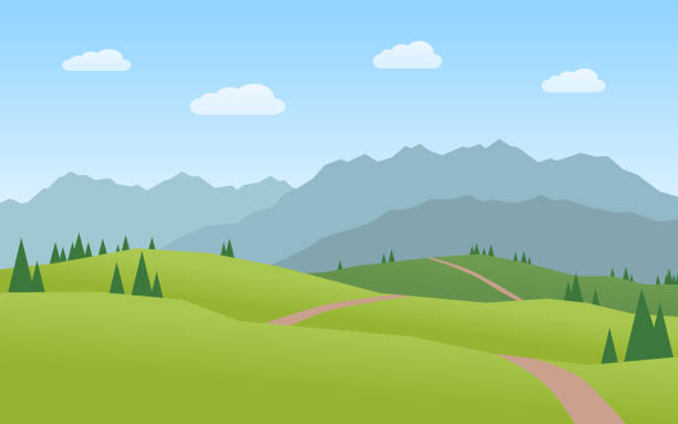 ilustraciones, imágenes clip art, dibujos animados e iconos de stock de diseño plano del paisaje de montañas y colinas - meadow summer backgrounds panoramic