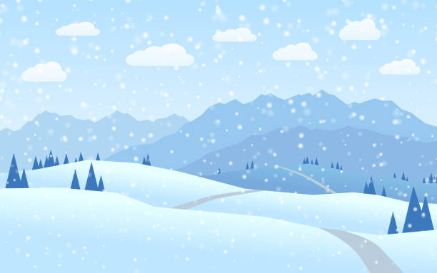 mountains and hills winter landscape flat design A mountain group and hills - Flat design winter landscape snow road stock illustrations