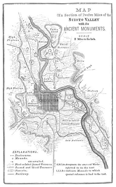 ilustrações, clipart, desenhos animados e ícones de squier mapa do parque histórico nacional de hopewell culture em ross county, ohio, eua - ohio river valley