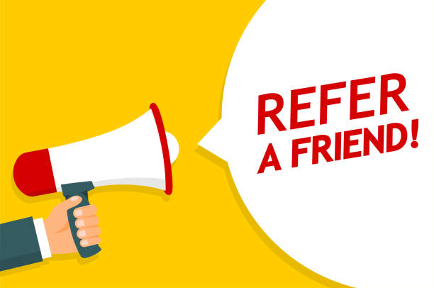 istock Hand holding Megaphone. Announcement. REFER A FRIEND! - stock vector. 1061036720