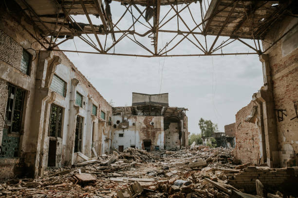 istock Earthquake or war aftermath or hurricane or other natural disaster, broken ruined buildings, pills of concrete garbage 1061037620